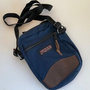 JANSPORT VINTAGE 90s MINI PACK CROSSBODY UNISEX MULTI-POCKET BAG BLUE/LEATHER
